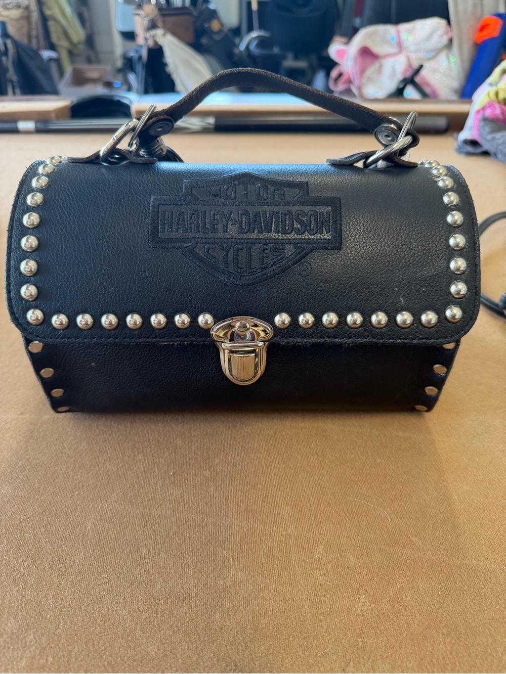 Harley-Davidson Black Leather Mini Top-Handle Bag with Silver Studs